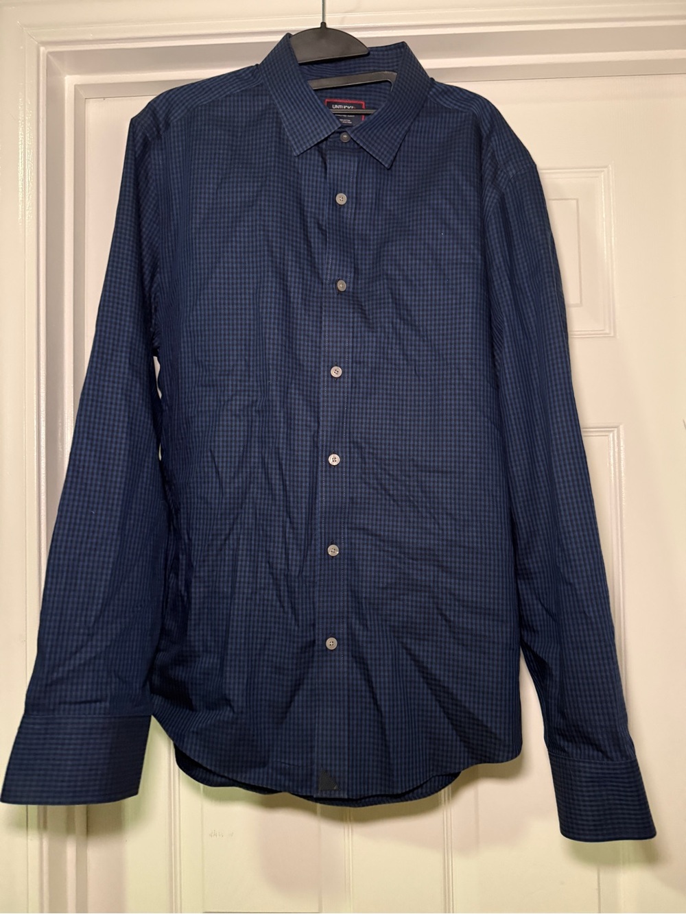 UNTUCKit Wrinkle Free Johnston Blue Navy Gingham Button Up Slim Fit Large